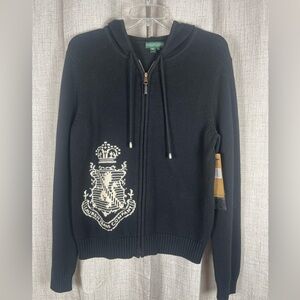 Lauren Jeans Company Driver Cardigan Sweater Hood Logo Cotton Black Zip Up NWT